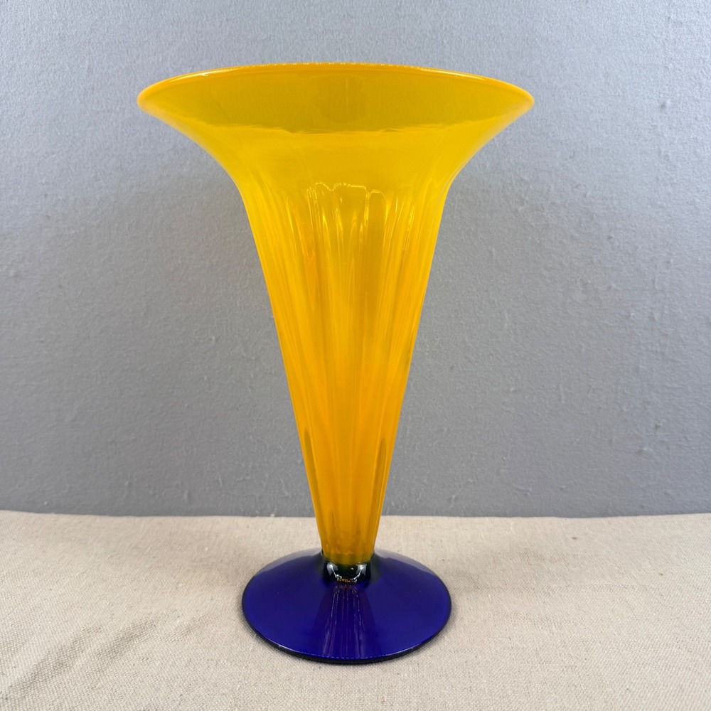 Blenko 8721L Richard Blenko Signed Trumpet Vase Yellow‎ Cobalt 2001 11.5"